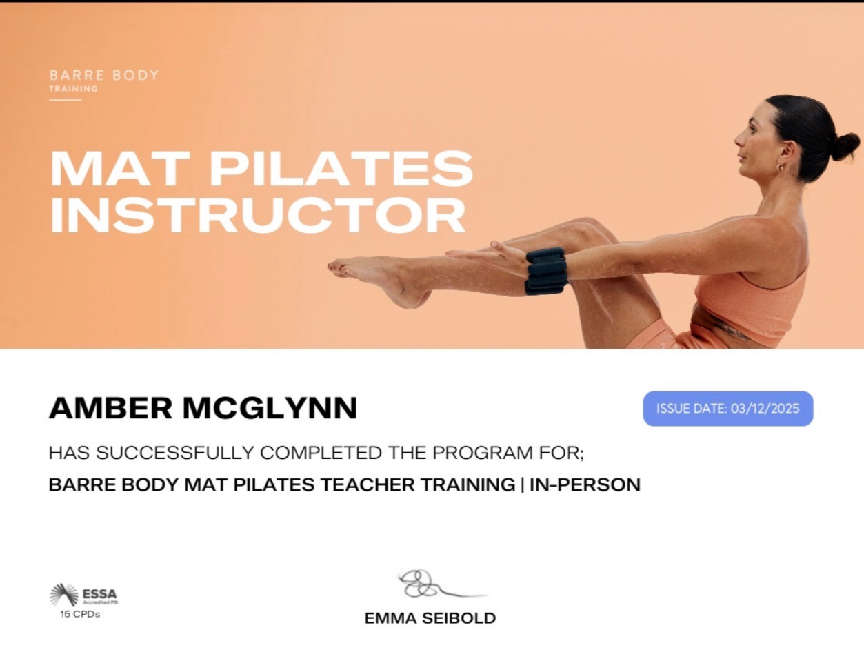Barre Body Mat Pilates Teacher Training certificate awarded to Amber McGlynn